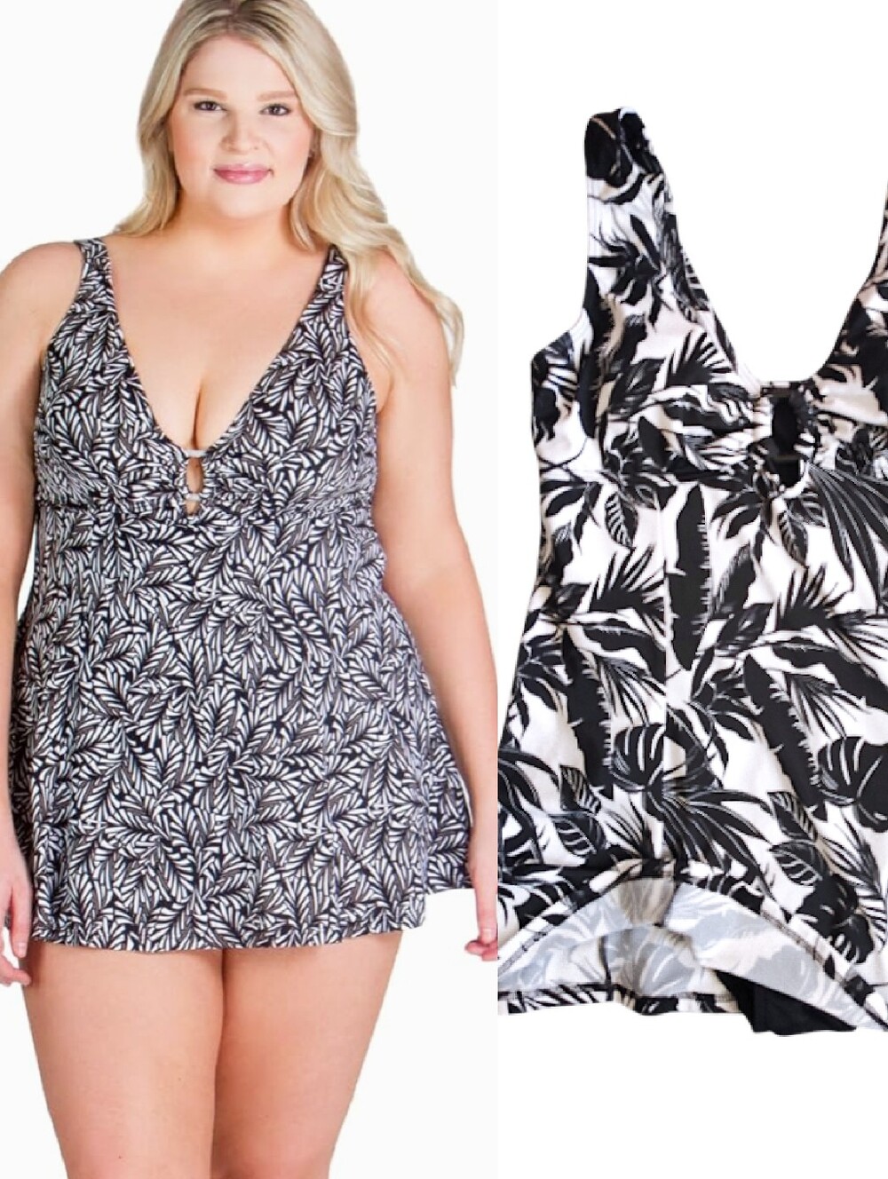 Fit 4U Black White Tropical One Piece Swimsuit Dress SZ 10 Fit 4 Ur Thighs